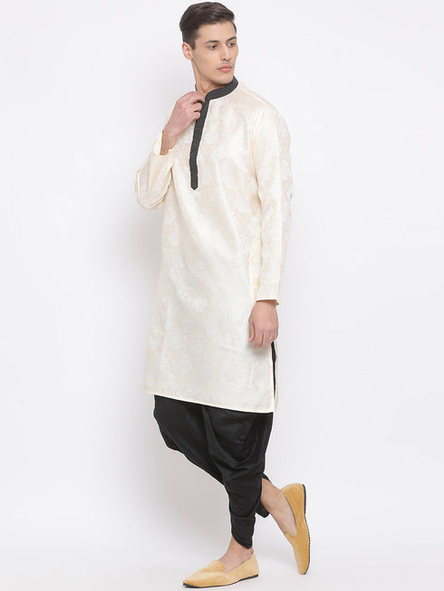 Vastramay Men's Gold Silk Blend Kurta and Black Dhoti Set